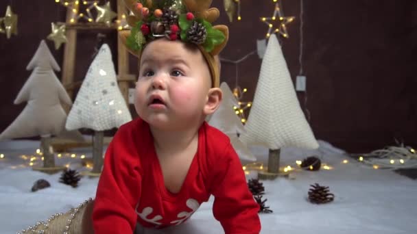 Slow Motion Little Baby Boy Reindeer Antlers New Year Christmas — Stockvideo
