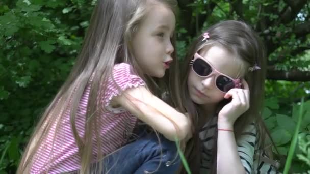 Slow Motion Two Beautiful Teen Sisters Nature Park — Stockvideo