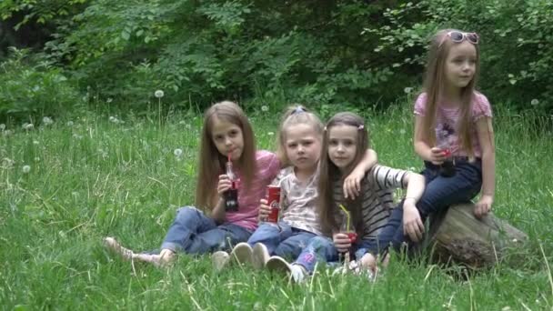 Счастливые Милые Дети Девочки Играющие Вместе Парке — стоковое видео