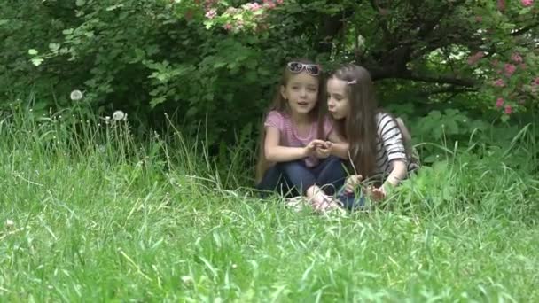 Two Little Girls Hiding Grass Telling Each Other Secret — Stockvideo