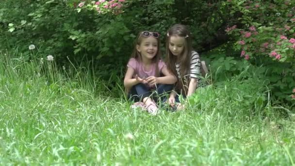 Slow Motion Dos Chicas Jóvenes Hablan Ríen Comparten Secretos Parque — Vídeo de stock