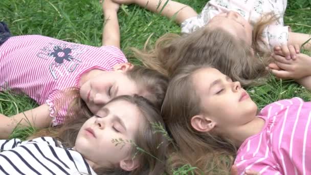 Slow Motion Group Girls Teenagers Park Grass — Stockvideo