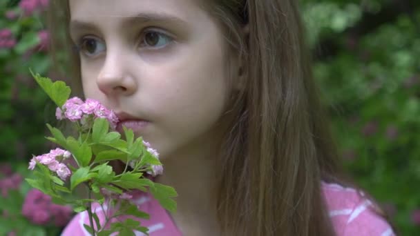 Powolny Ruch Dziewczyna Stoi Tle Różowych Drzew Kwitnących — Wideo stockowe