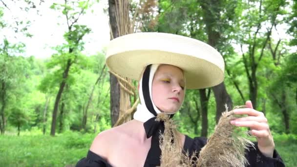 Slow Motion Happy Young Woman White Dress Straw Hat — Stock Video