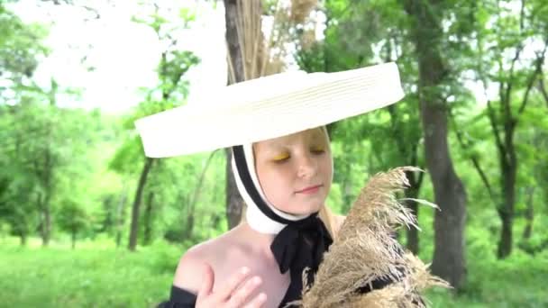 Fashionable Stylish Young Woman Wearing Light Straw Hat — Vídeo de stock