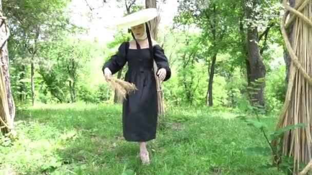 Fashion Girl Vintage Dress Retro Straw Hat Bouquet Dry Tall — ストック動画