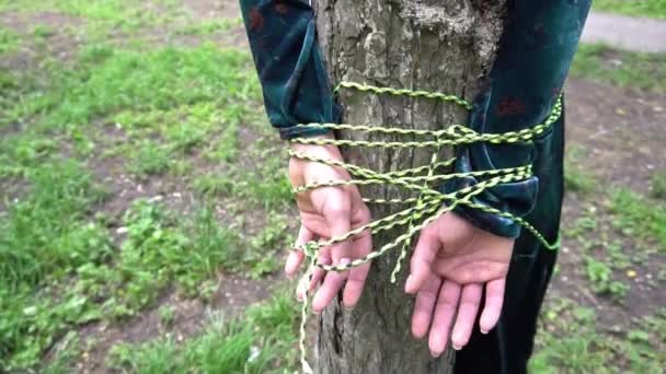 Woman Hand Tied Rope Human Trafficking Abuse International Human — Video