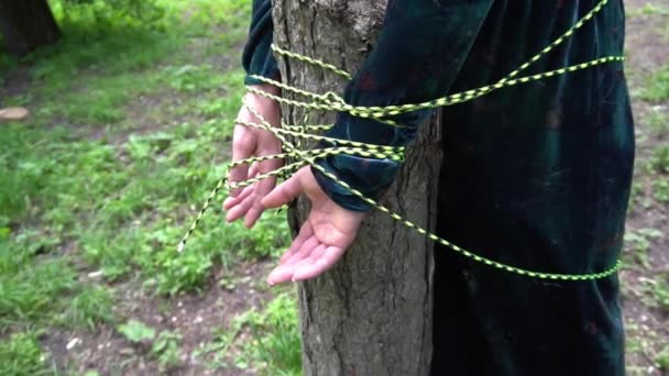 Slow Motion Woman Hand Tied Rope — Stock Video