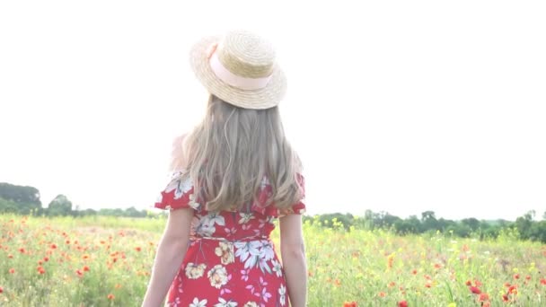 Slow Motion Girl Weißen Kleid Hält Einen Strauß Roter Mohnblumen — Stockvideo