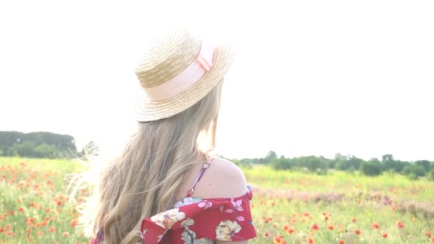 Nahaufnahme Eines Bootsmädchens Einem Feld Mit Roten Mohnblumen Mädchen Blickt — Stockvideo