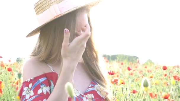 Back View Girl Red Poppies Flowers Meadow Blue Sky Sunset — Stockvideo