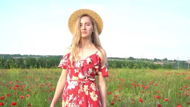 Slow Motion Beautiful Young Girl Dress Hat Walks Field Flowerin — 비디오