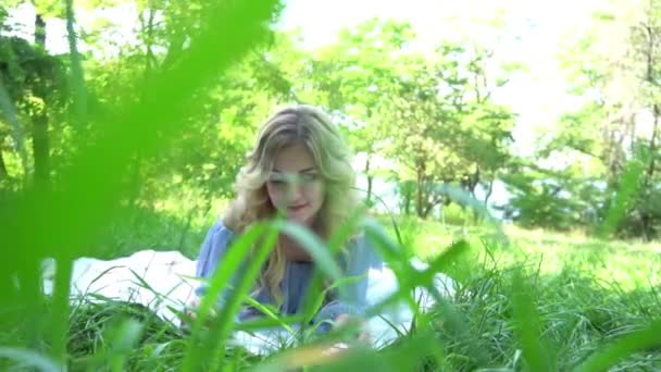 Slow Motion Woman Relaxing Lying Grass — Stockvideo