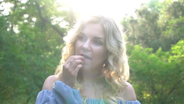 Slow Motion Beautiful Girl Hat Eating Cherry — Video