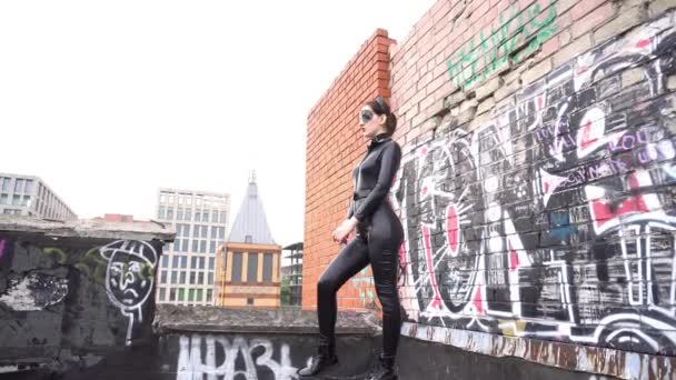 Sexy Femeie Negru Catwoman Costum — Videoclip de stoc