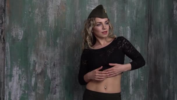 Slow Motion Smiling Young American Soldier Woman Posing Camera Stand — Vídeos de Stock