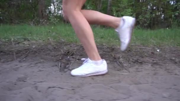 Young Fitness Woman Legs Running Forest — Stockvideo