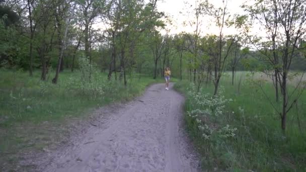 年轻女子在森林里的小径上慢跑 — 图库视频影像