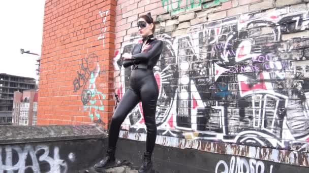 Slow Motion Model Dressed Cat Woman Interior Old Walls — Stock Video