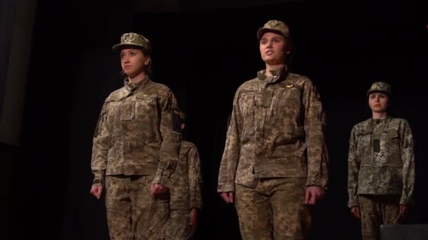 Slow Motion Women Military Uniform Posing Black Background — Video