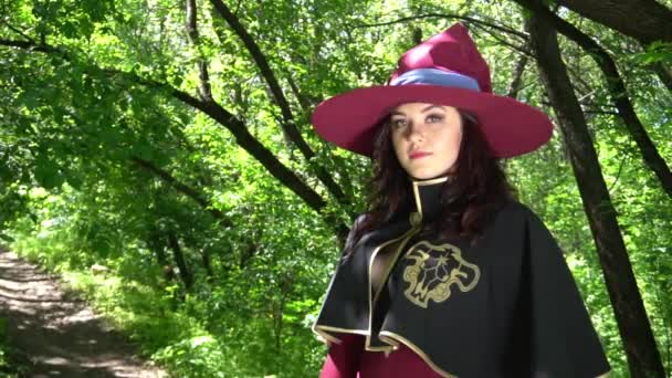 Beautiful Woman Witch Costume Standing Middle Woods Park — Stock Video