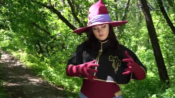 Slow Motion Portrait Witch Forest Magic Dark Force Spell — Stockvideo