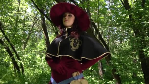 Slow Motion Young Girl Wearing Witch Costume Including Hat — Stock video