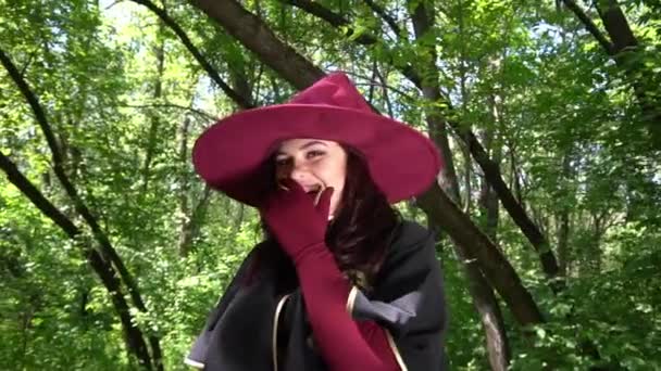 Beautiful Young Woman Witches Costume Forest Background — Stock Video