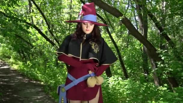 Slow Motion Young Witch Green Forest — Stockvideo