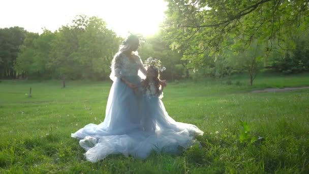 Mom Daughter Beautiful Dresses Field Beautiful Summer — Video