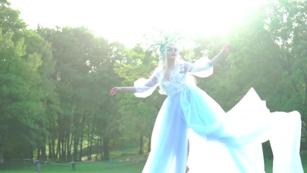 Slow Motion Woman Blue Dress Fluttering Wave Waving Silk Cloth — Wideo stockowe