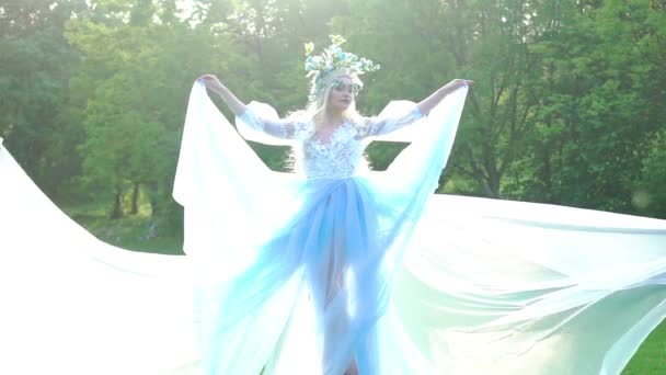 Сниться Принцеса Казково Блакитній Сукні Аксесуарах Волосся Насолоджуючись Природою — стокове відео