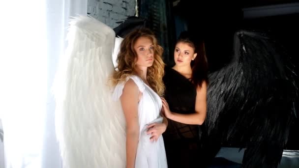 Two Angels White Black Angels Good Evil — Stock Video