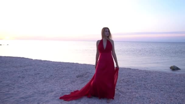 Slow Motion Beautiful Woman Red Fabric Posing Sea Beach — ストック動画