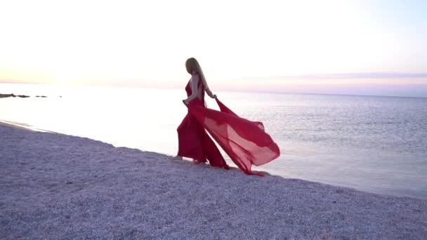 Kobieta Spaceruje Piaszczystej Plaży Morza Trzymając Czerwony Długi Materiał Wietrze — Wideo stockowe