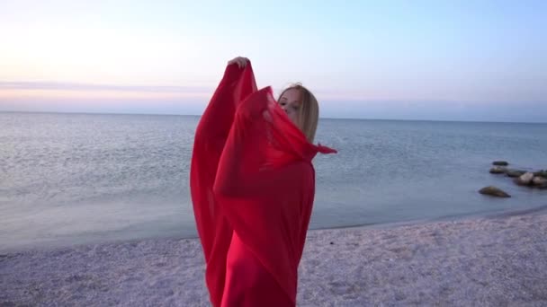Slow Motion Girl Red Airy Dress Walking Beach — Stockvideo