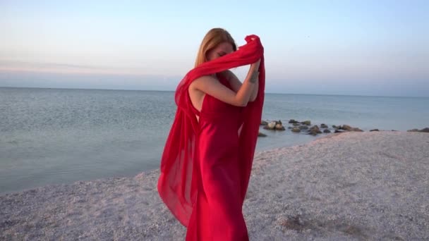 Slow Motion Young Girl Red Dress Sea — Stockvideo