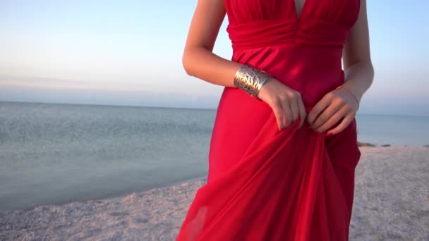 Slow Motion Beautiful Woman Red Dress Goes Sea — Stockvideo