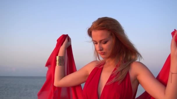 Slow Motion Young Girl Beautiful Red Dress Background Sea — Stockvideo