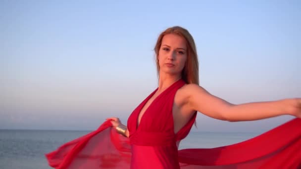 Slow Motion Pretty Blond Woman Red Dress Beach — Stockvideo