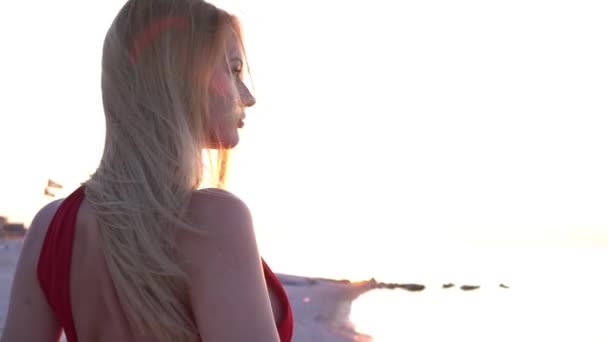 Lovely Young Woman Red Dress Sea Horizon Windy Weather — Video Stock