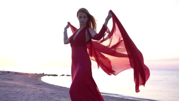 Slow Motion Beautiful Girl Flying Red Dress Long Train — Stockvideo