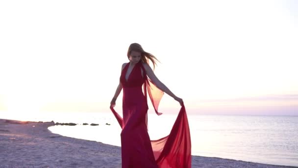 Beautiful Girl Flying Red Dress Long Train Model Gown Levitating — Vídeo de Stock