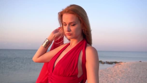 Slow Motion Beautiful Woman Bright Red Dress Sea — Stockvideo