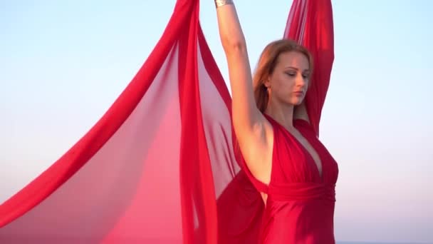 Slow Motion Woman Rear View Red Flying Dress Fluttering Wind — Stock video