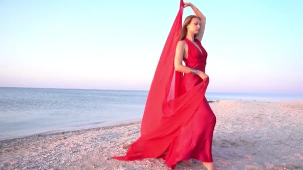 Beautiful Young Woman Red Dress Sea Dress Flying Wind — Stockvideo