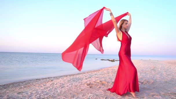 波とビーチでエレガントな赤の長いシックな高級ドレスに身を包んだ女性 — ストック動画