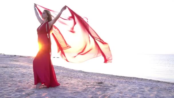 Slow Motion Woman Looking Away Beach She Wearing Red Dress — Stock Video
