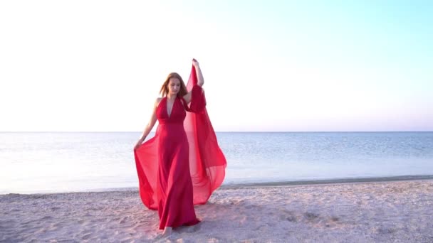 Slow Motion Young Pretty Lady Red Dress Relaxing Beach Shoreline — Stok video