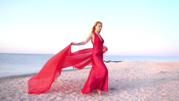 Young Woman Wears Amazing Red Dress Aflutter Light Breeze — Stockvideo